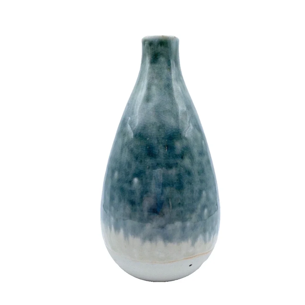 Studio Pottery Bud Weed Vase Gray Impressed Leaves Drip Glaze Artist Signed 7